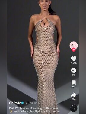 Oh Polly Kassie Dress Metallic Gold Rhinestone Mesh Halter Maxi Dress